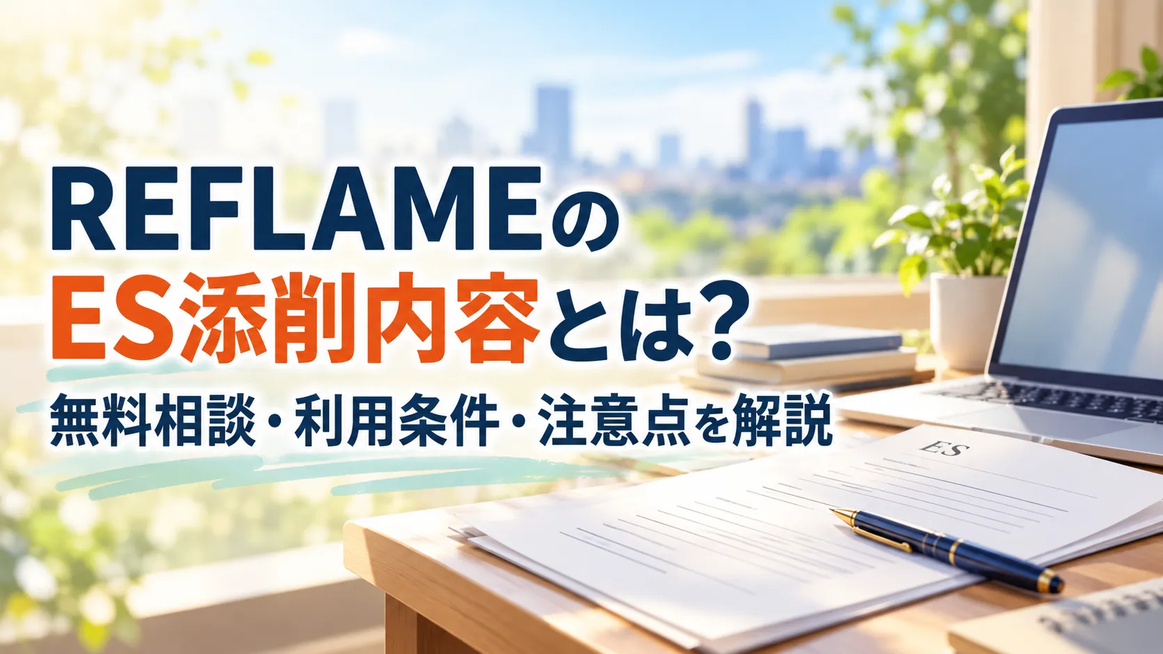 REFLAMEのES添削内容や無料相談、利用条件、注意点を紹介する、エントリーシートとノートパソコンを配置したアイキャッチ画像。
