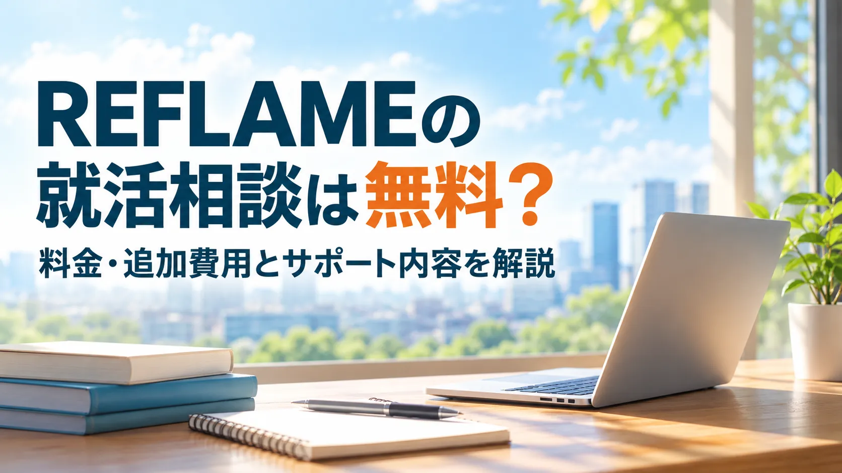 REFLAMEの就活相談の料金や追加費用、サポート内容を紹介する、ノートパソコンと書籍が置かれた明るい学習机のアイキャッチ画像。