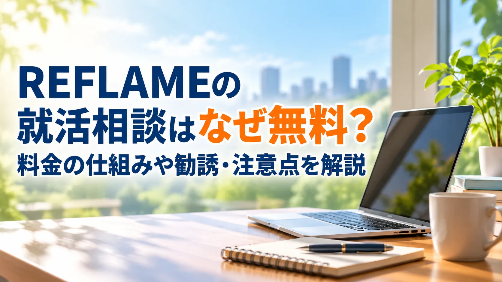 REFLAMEの就活相談が無料である理由や料金の仕組み、勧誘の注意点を解説する、ノートパソコンとノートが置かれた明るいデスクのアイキャッチ画像。
